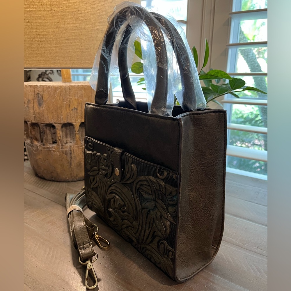 Dark Olive Green Embossed Hand-Tooled Floral Pattern Handbag
w/ Shoulder Strap - Picture 2 of 8